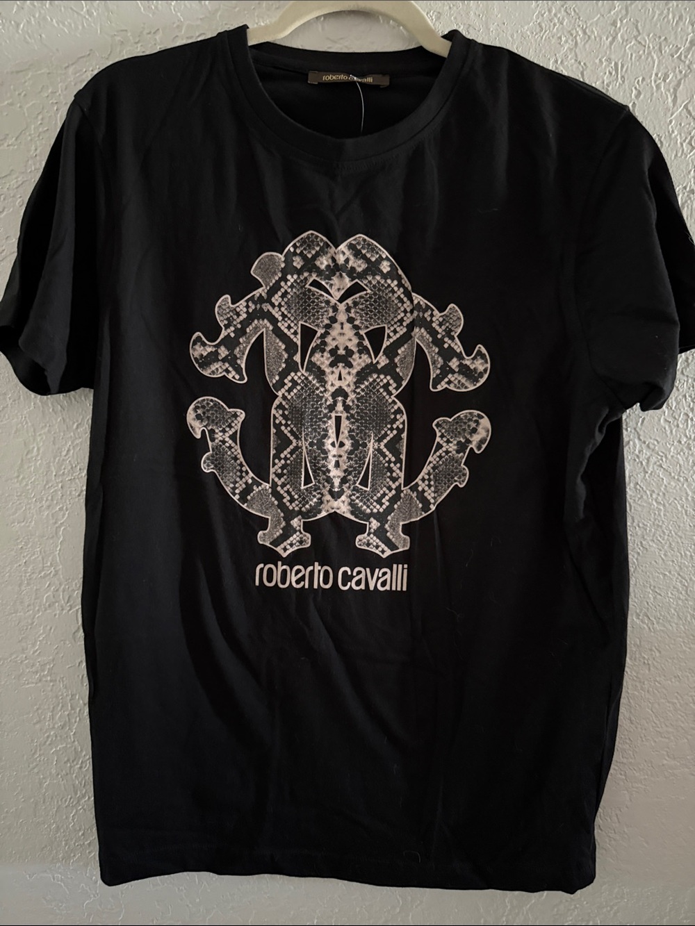 Roberto Cavalli Large Black Short-Sleeve Tee with Graphic Crest 100% Cotton New